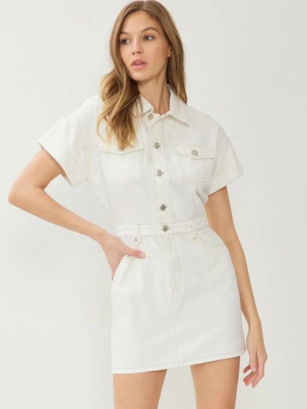 entro White Short-Sleeve Denim Mini Dress